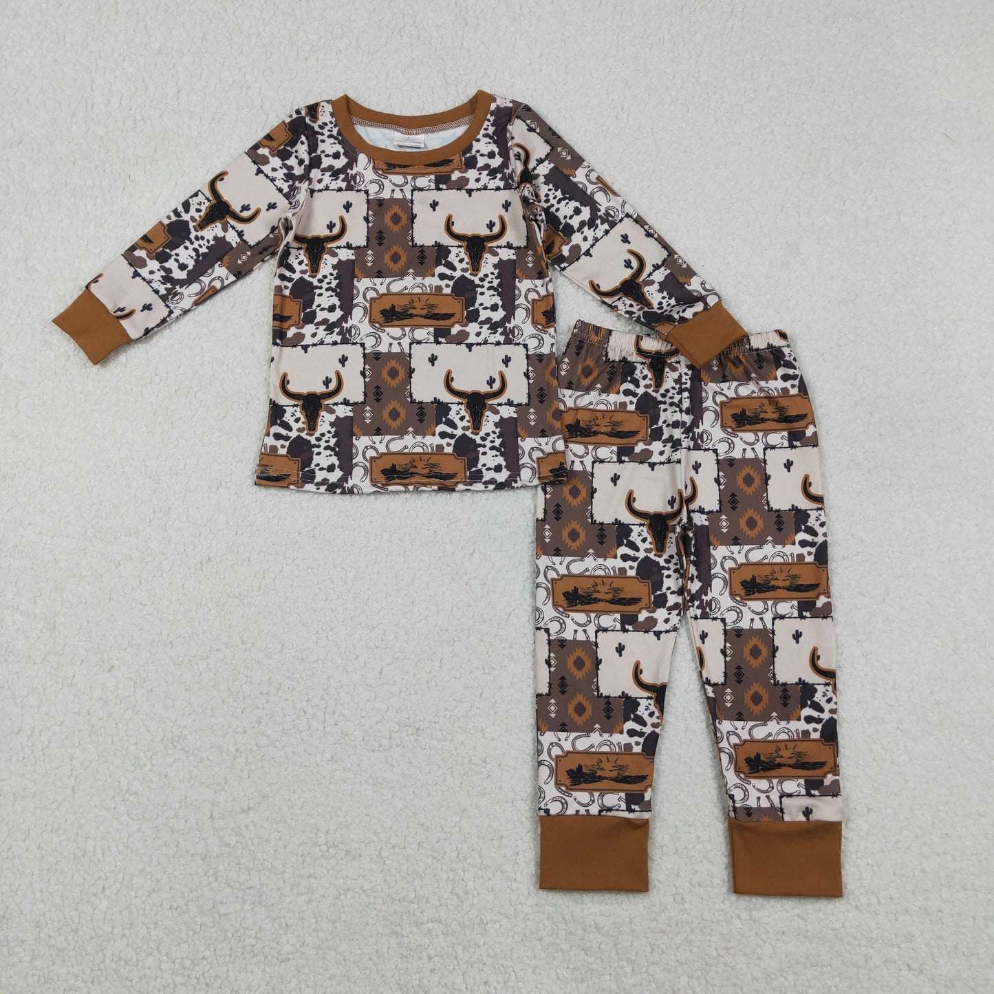 RTS NO MOQ(In Stock) BLP1200 Alpine Bull Head Geometric Pattern Long-Sleeve Pajama Set