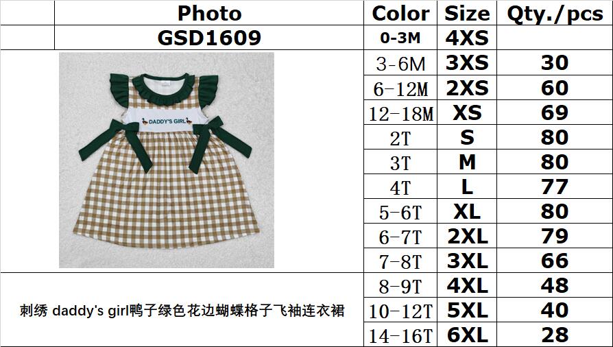 RTS NO MOQ ETA 5/7days Arrived GSD1609 Embroidered daddy's girl duck green lace butterfly plaid flying sleeve dress