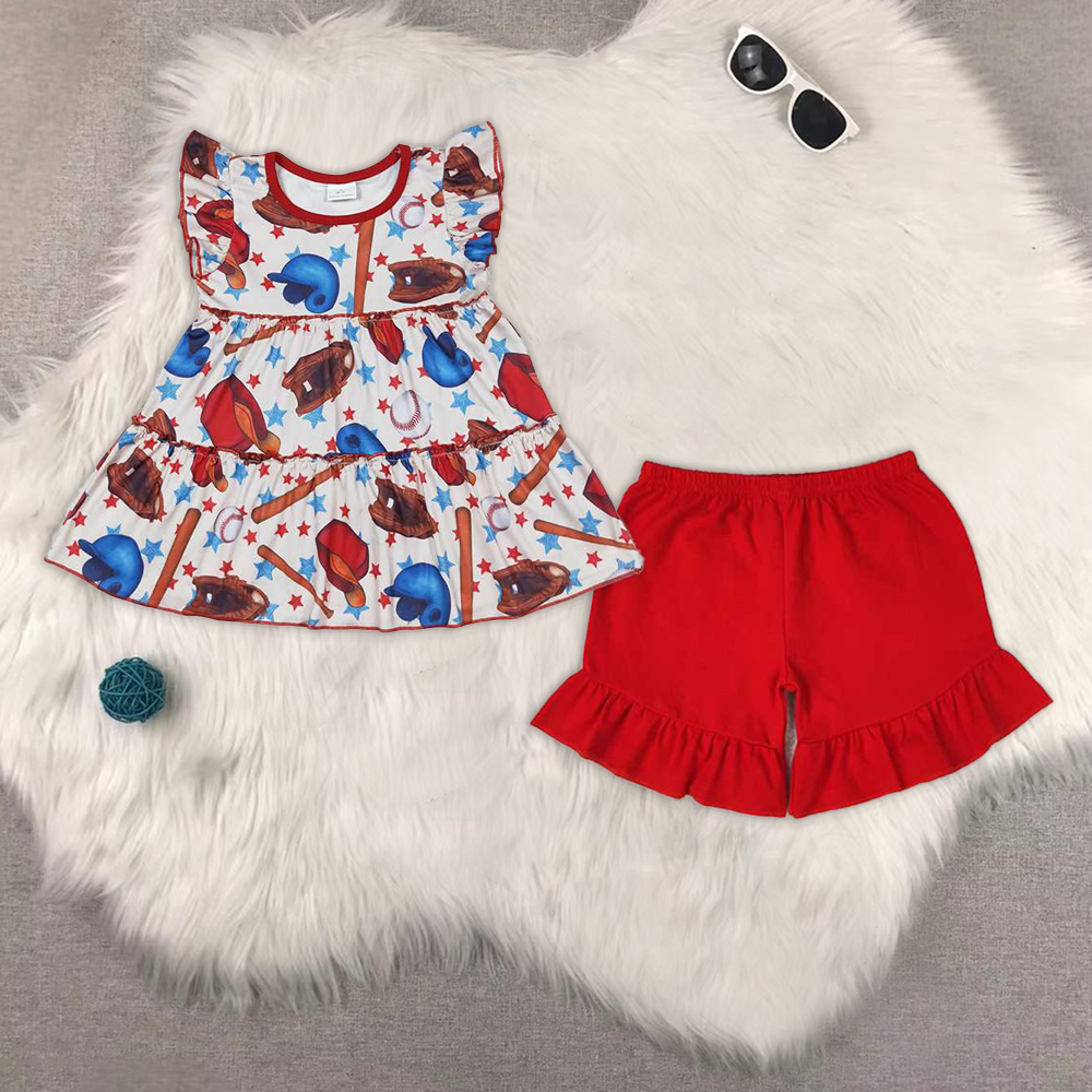 RTS NO MOQ ETA 5/7days Arrived GT0493+SS0269 Baseball star flying sleeve top Red one-layer lace shorts sets