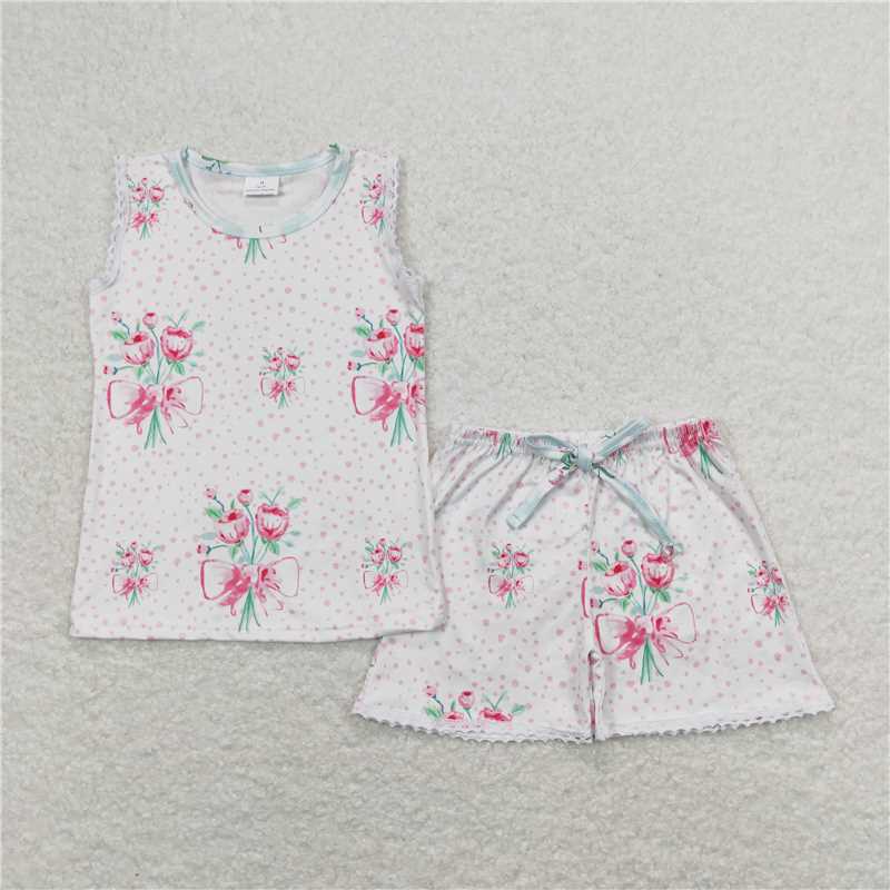 GSSO0694 White Sleeveless Shorts Set with Floral Polka Dots summer sets