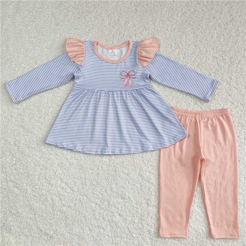 RTS NO MOQ Embroidery Ballet Shoes Blue Striped Long Sleeves Pink Long Embroidery Ballet Shoes Blue
