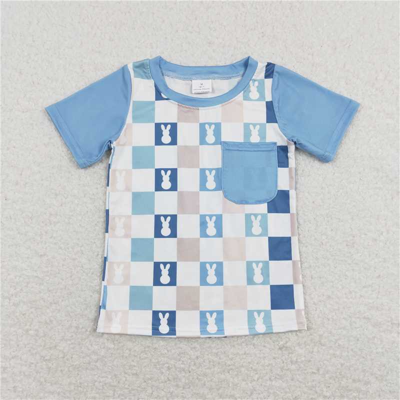 rts stock BT0590 Pocket Bunny Plaid Blue and White Short Sleeve Top