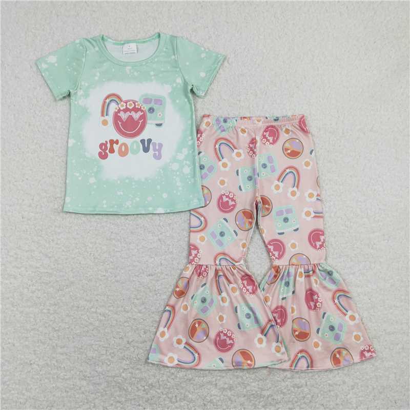 stock GSPO1254 Rainbow smiley flower bus pink and green flying sleeve pants sets