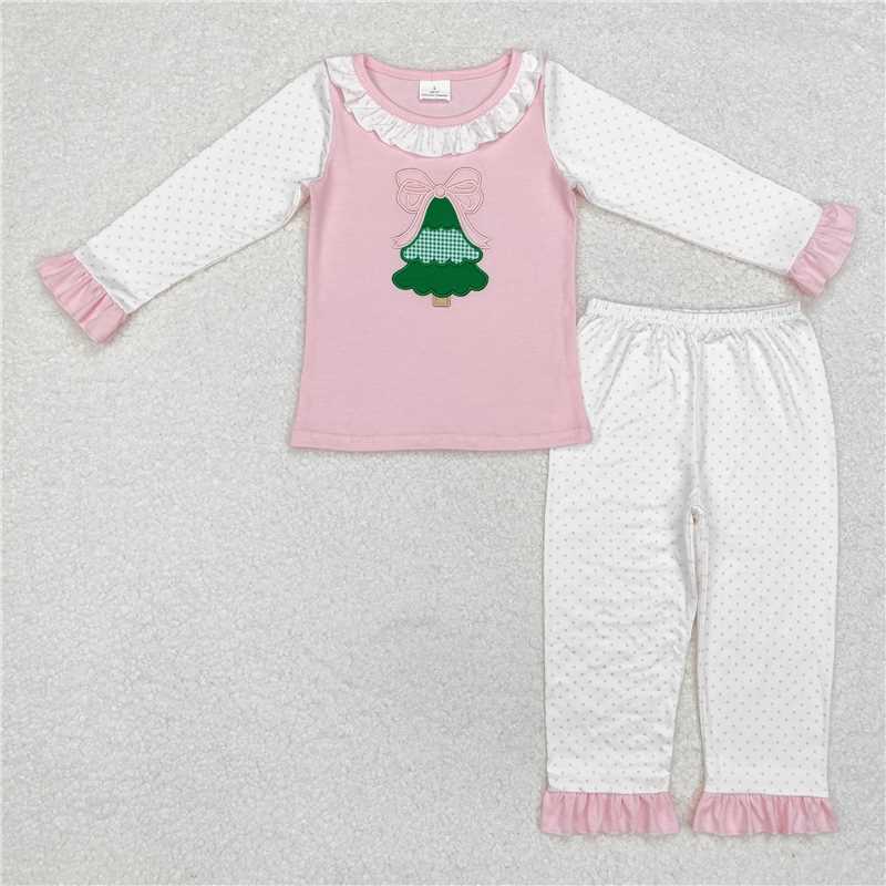 RTS NO MOQ ETA 5/7days arrived GLP1628 baby girls clothes embroidery Christmas trees pink long Sleeve pants Suit