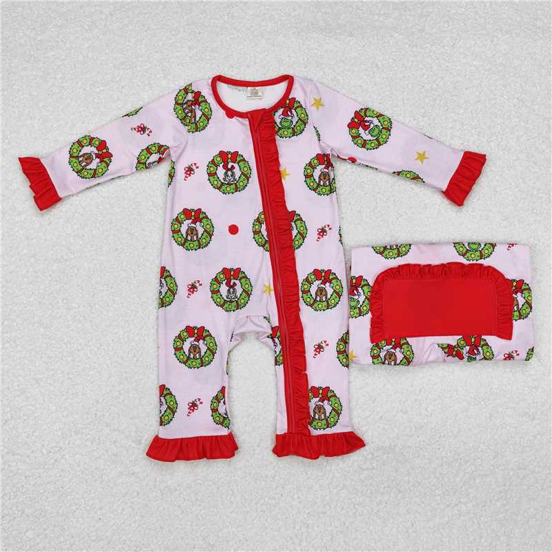RTS NO MOQ GLP1741 LR1664 Green Christmas Wreath Light Pink Long Sleeve Suit & Romper