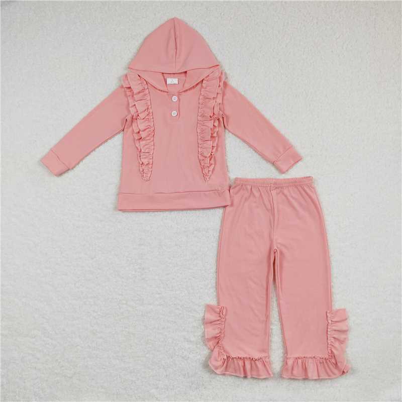 RTS NO MOQ Boys and girls solid color ruffled edge button hooded pullover long sleeve suit