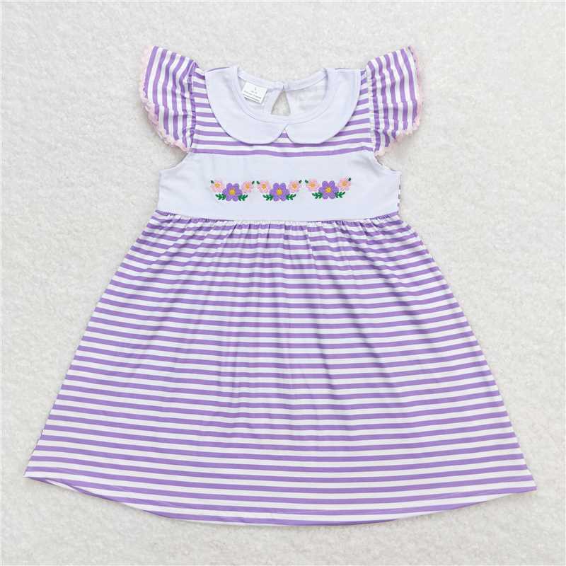 RTS SR1051 Embroidery flower purple and white striped baby collar vest with Sibling Sister Clothes