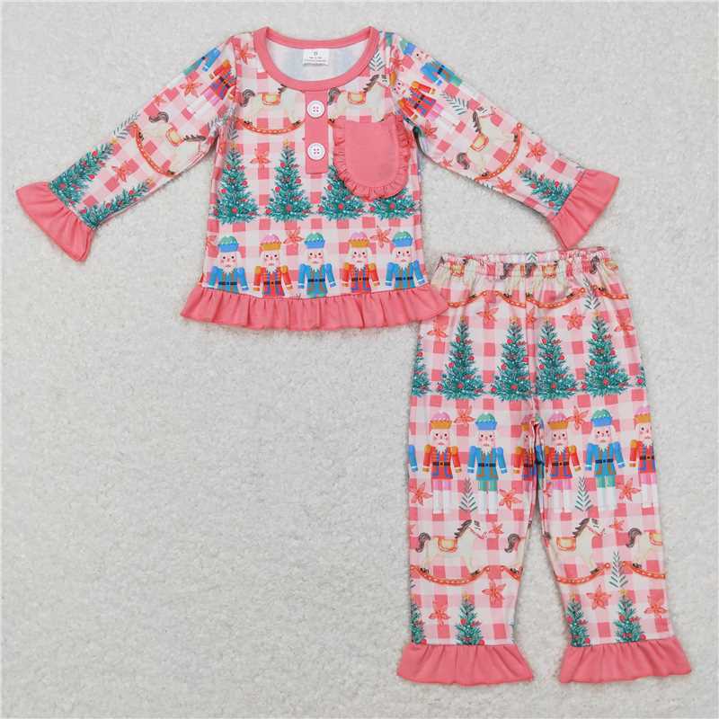 RTS NO MOQ Sibling baby girls clothes Green Christmas Tree-Puppet Knight Pattern Pink Long Sleeve Suit & Climbing Suit