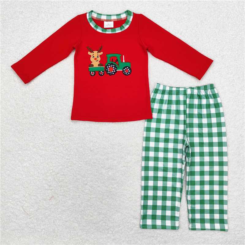 RTS NO MOQ BLP0611 GLP1301 Embroidered Reindeer Green Lace Long Sleeve Red Striped Pants Pajama Set