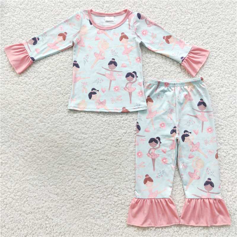 RTS NO MOQ GLD0309 GLP0647 Dancing Girl Printed Light Green Long Sleeve Suit & Long Sleeve Dress