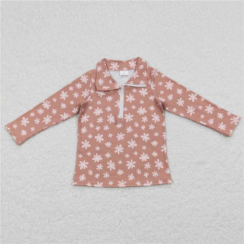 GT0363 Pink floral light brown zippered long-sleeved top