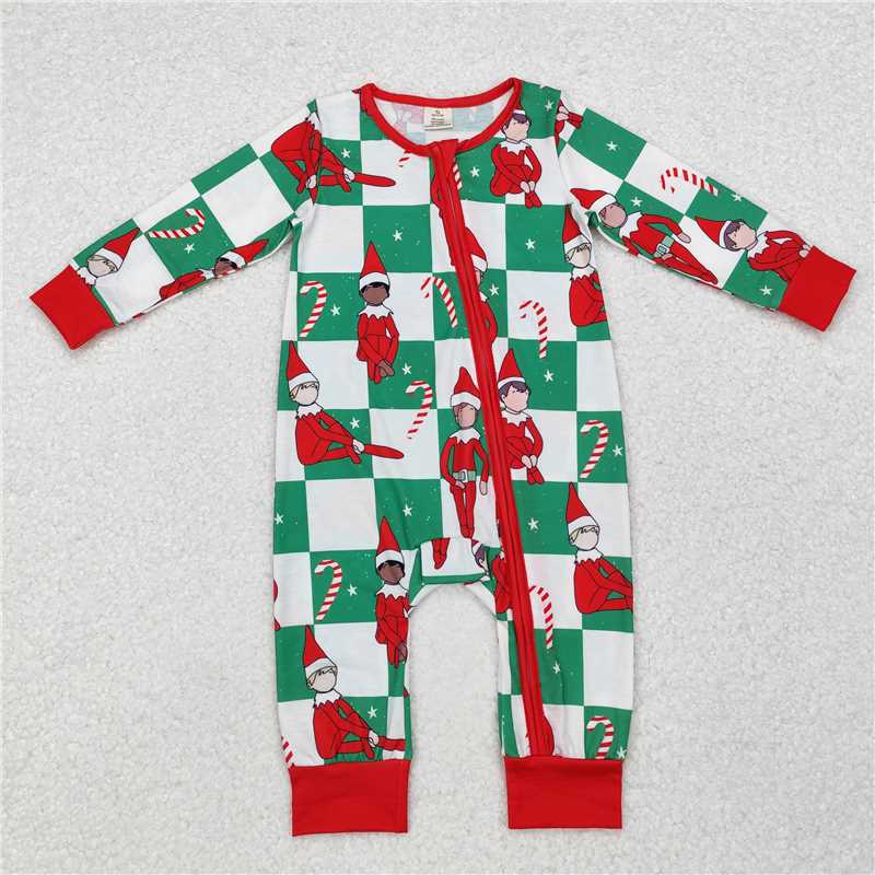 RTS NO MOQ bamboo Green plaid long-sleeved suit & romper with a little man wearing a Christmas hat
