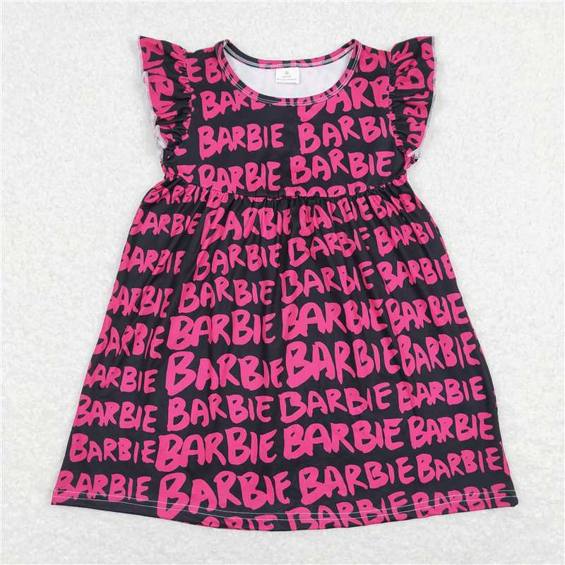 G6-2-3\/; 玫红色字母黑色飞袖裙G6-2-3\/; Rose red lettering black flying sleeves dress