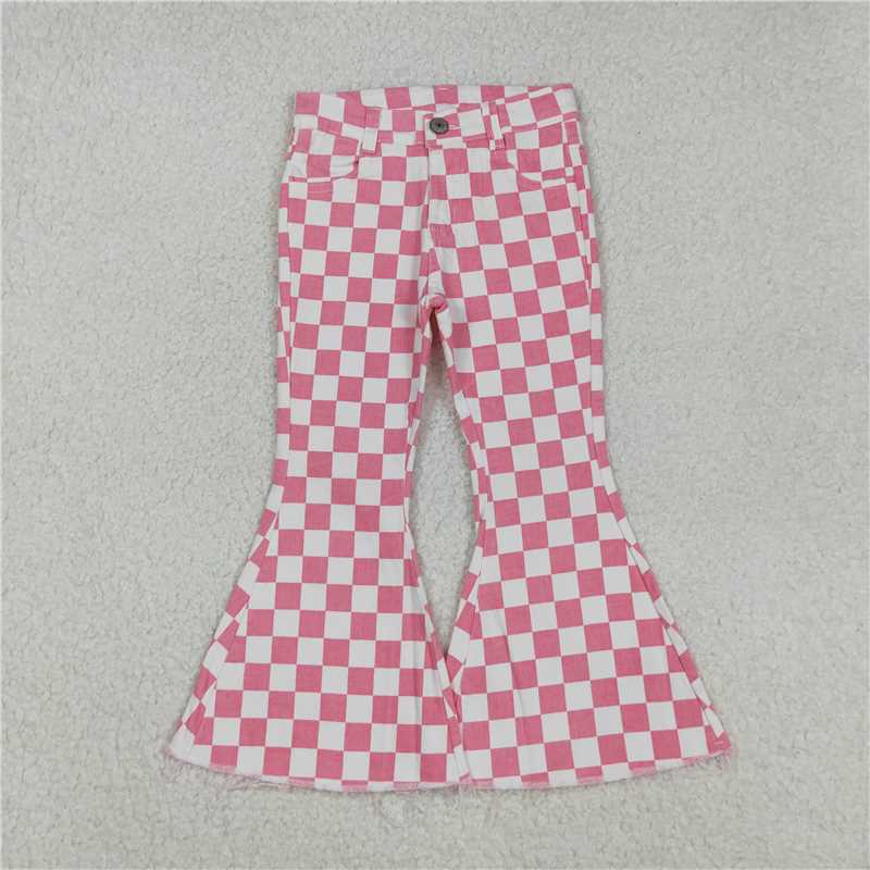 RTS NO MOQ Sibling baby girl clothes Plaid Button-Down Skinny Denim Flared Pants: Orange & Blue