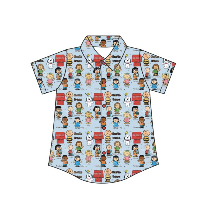 Custom moq 5 mix size milk silk baby boys clothes summer cartoon button short sleeve top