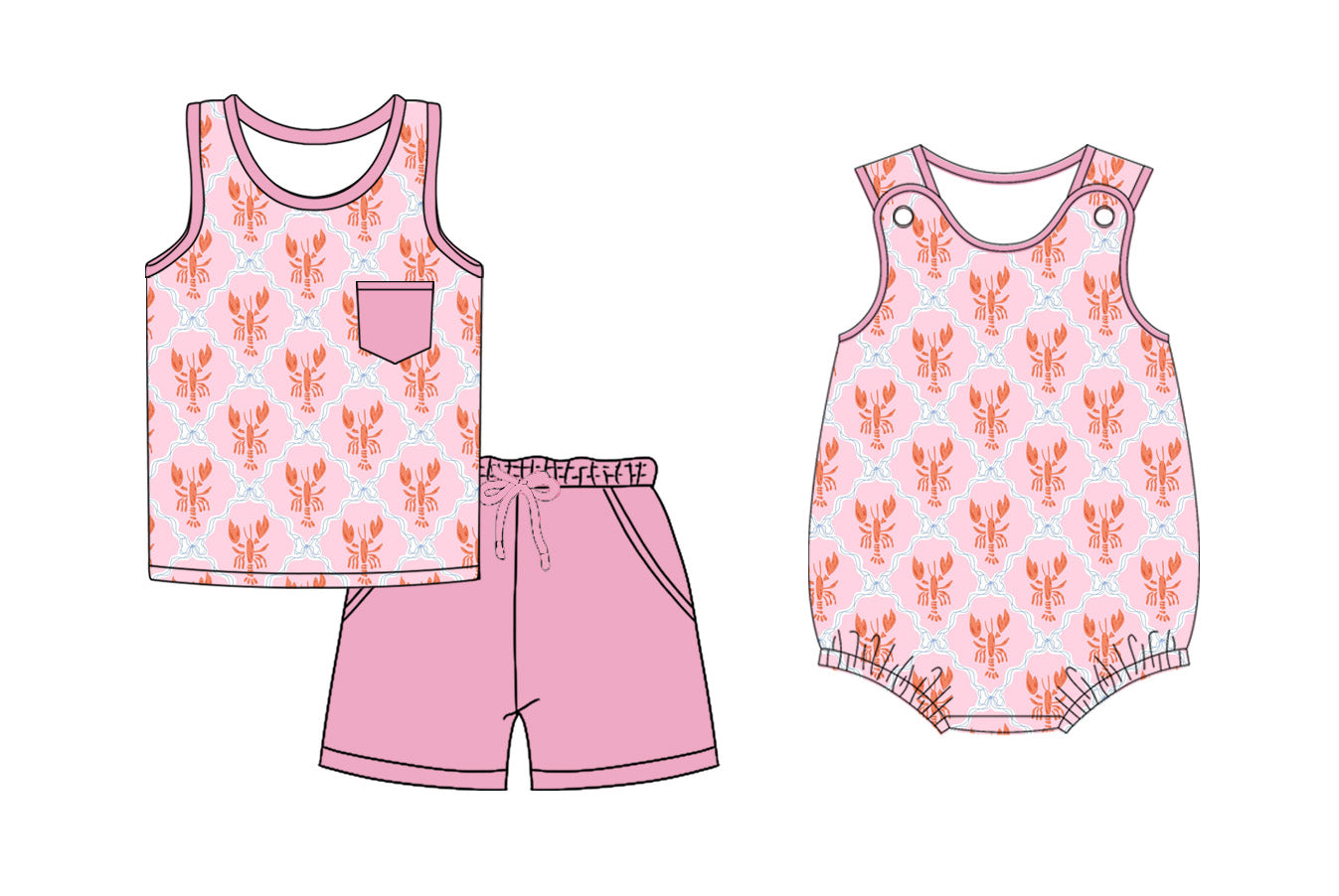 26.1.3 custom each style moq 5 eta 6-8week Sibling Sister lobster baby boy short sleeve shorts sets and romper match design