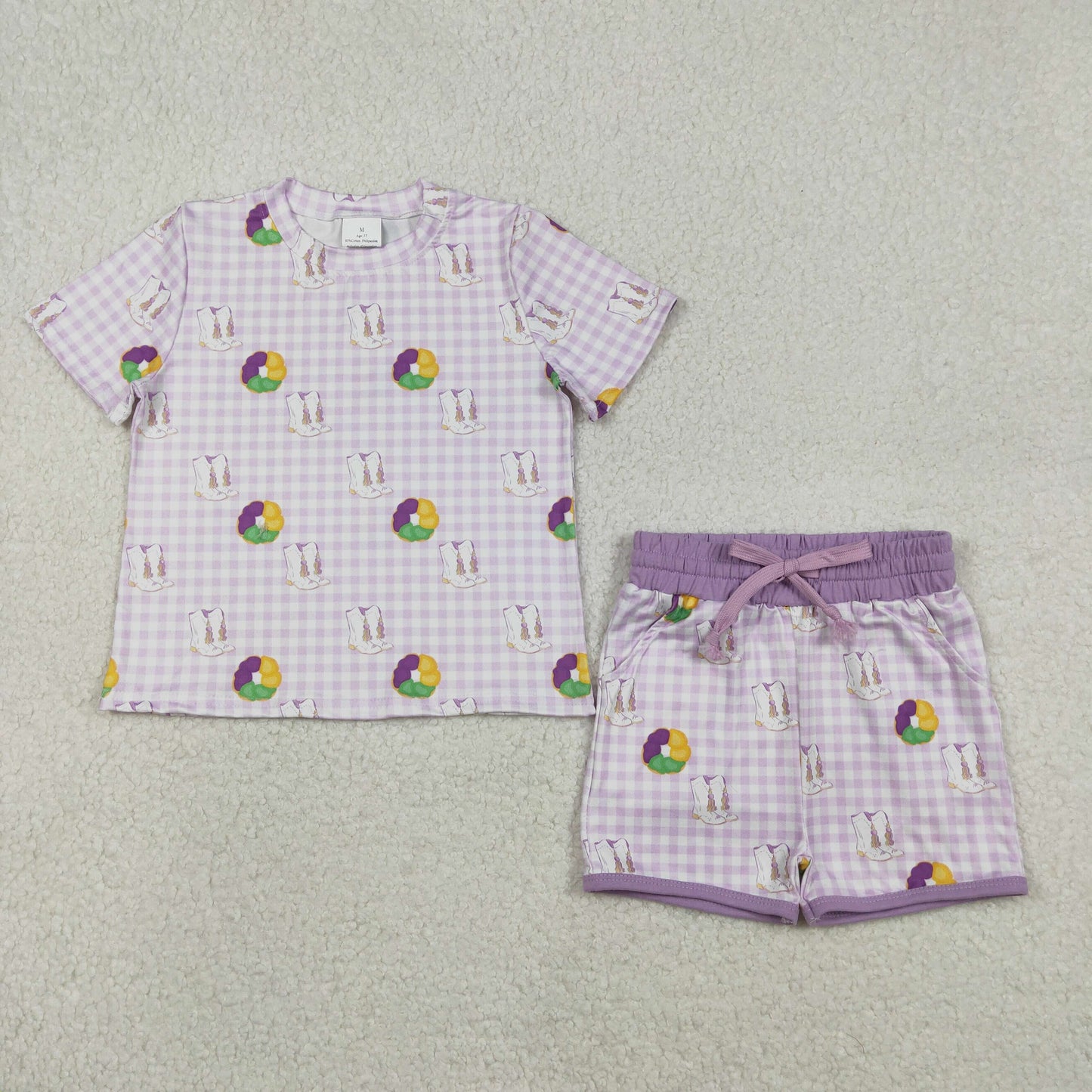 RTS NO MOQ(In Stock) Carnival Boots Purple Plaid Short-Sleeve Shorts Set