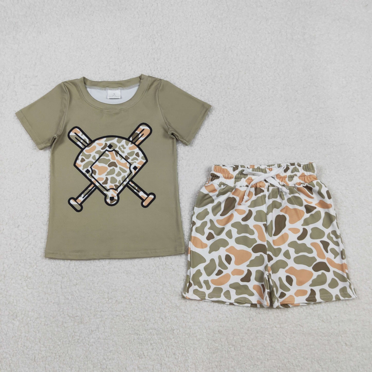 RTS NO MOQ(In Stock) BT1423+SS0698 Orange-Green Camouflage Fan Baseball Short-Sleeve Top Shorts set-BSSO1591
