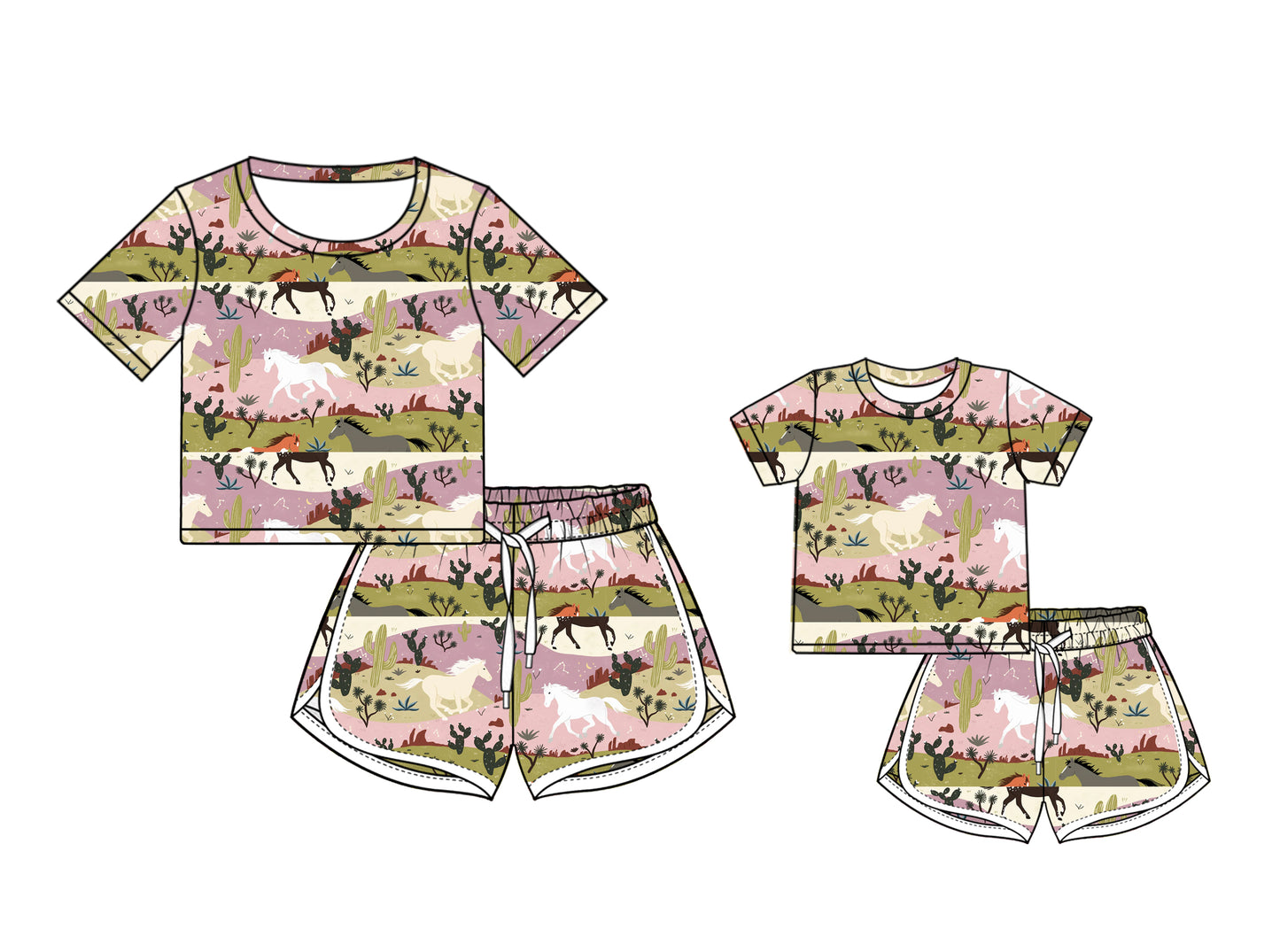 25.12.1 custom each style moq 5 eta 6-8week Sibling Sister horse catcus short sleeve shorts sets and adult set match design