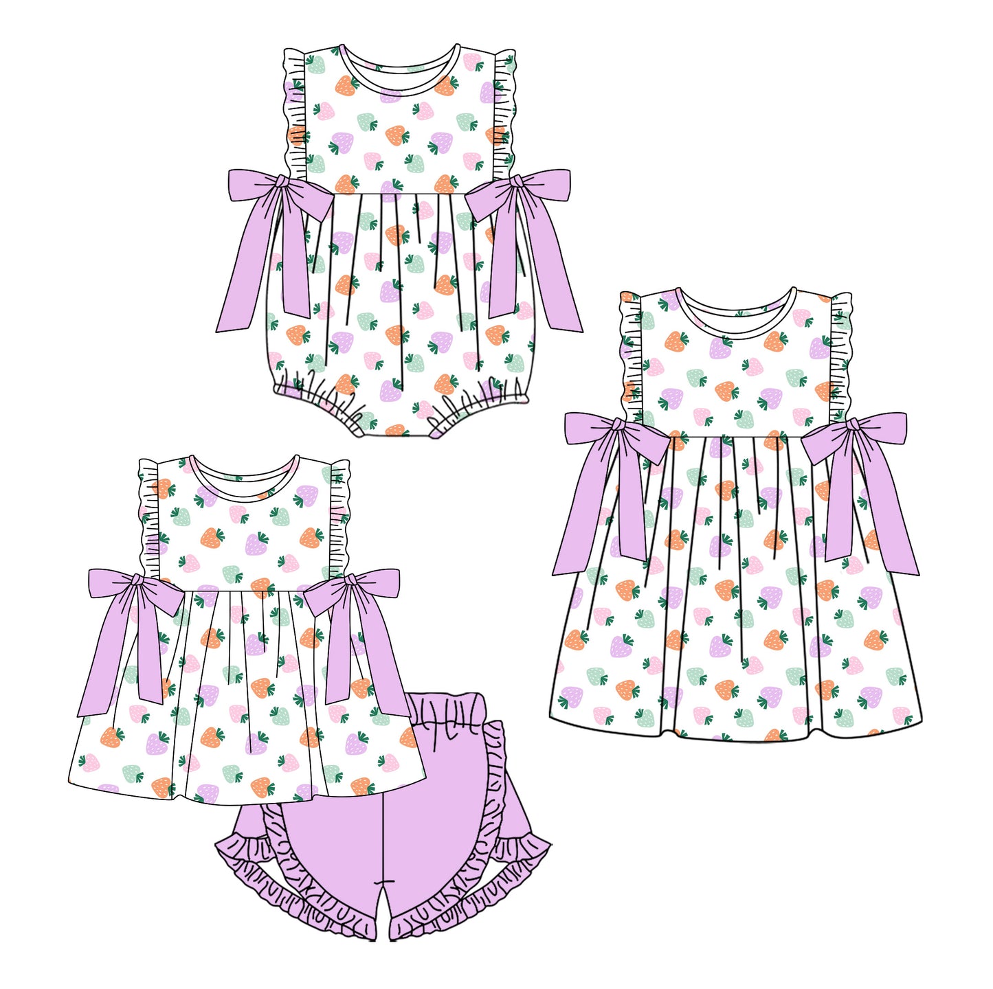 26.1.3 custom each style moq 5 eta 6-8week Sibling Sister strawberry baby short sleeve shorts sets and romper and dress match design