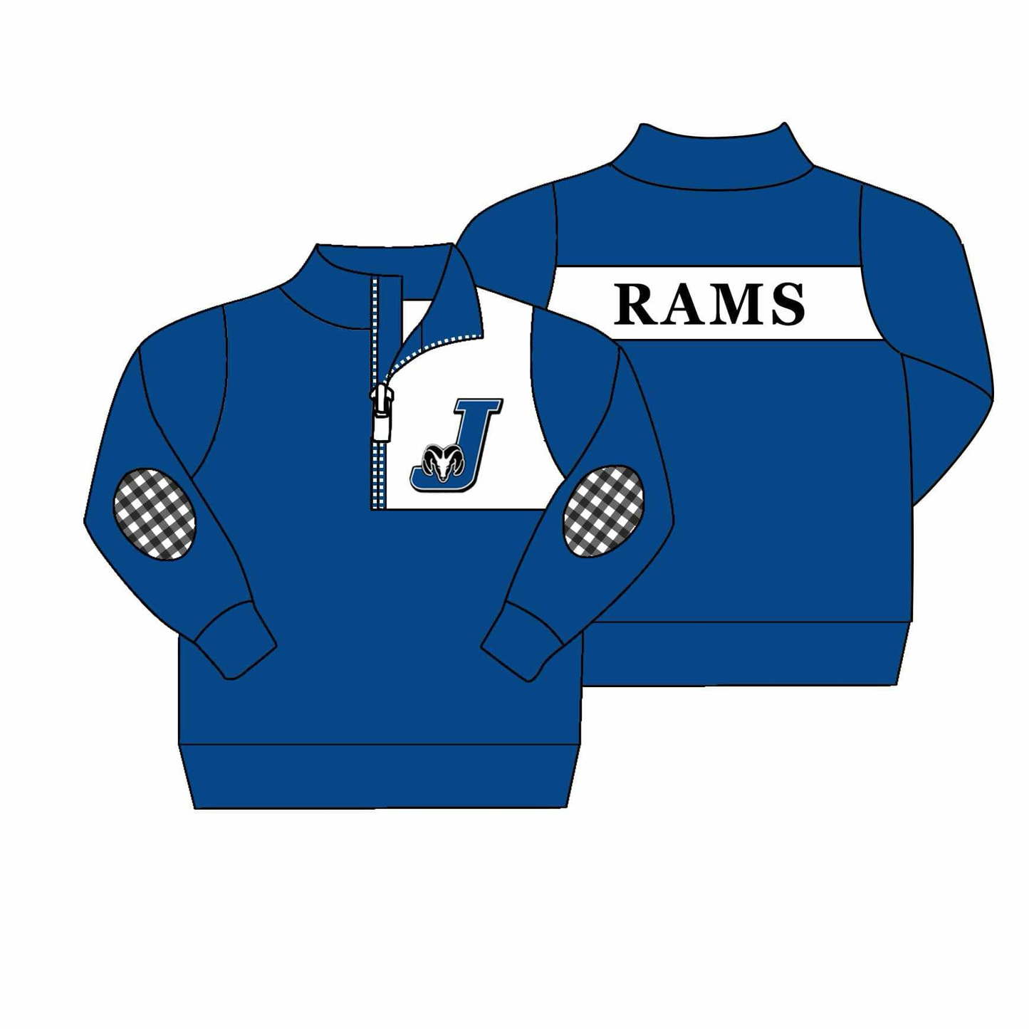custom moq 3 eta 6-8weeks school colors are royal blue, white, silver. Joaquin Rams. pullover blue boys