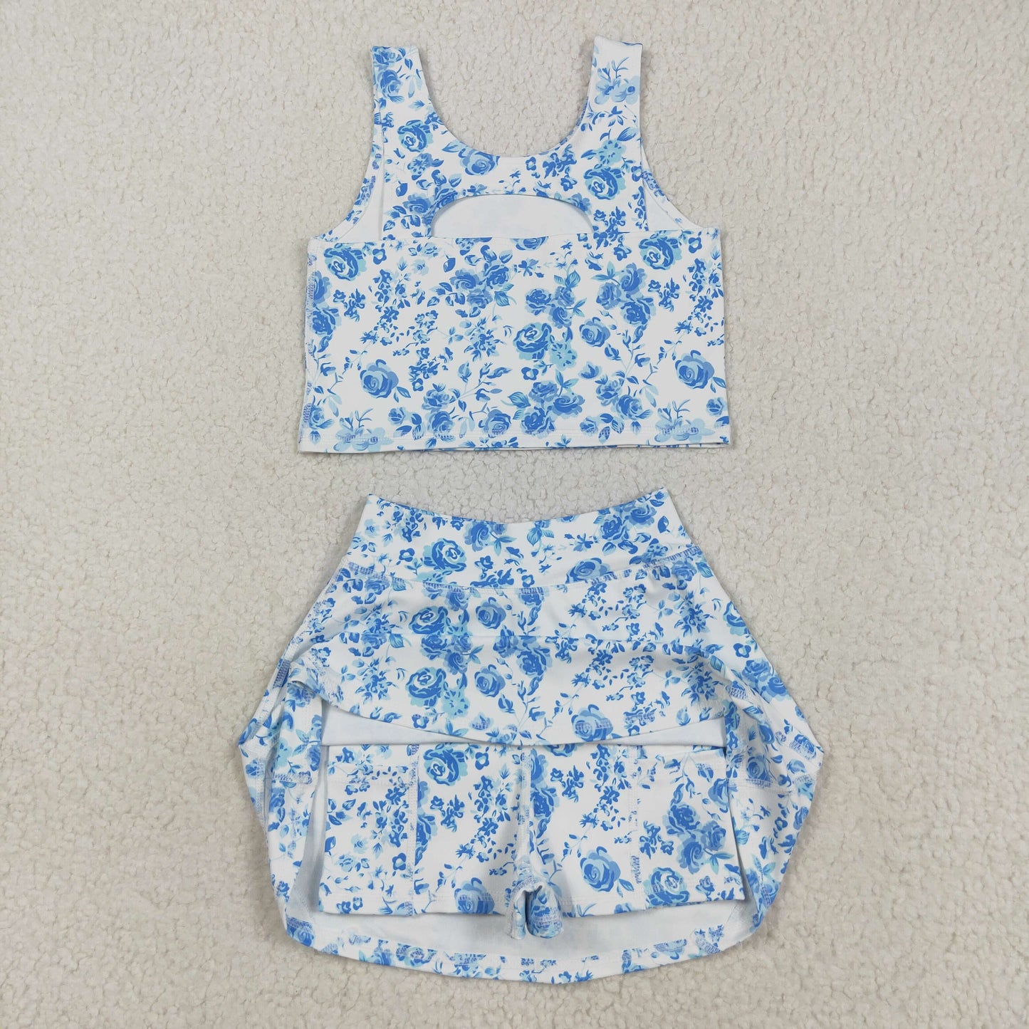 RTS NO MOQ(In Stock) GSD2787 Blue floral white sleeveless culottes yoga set
