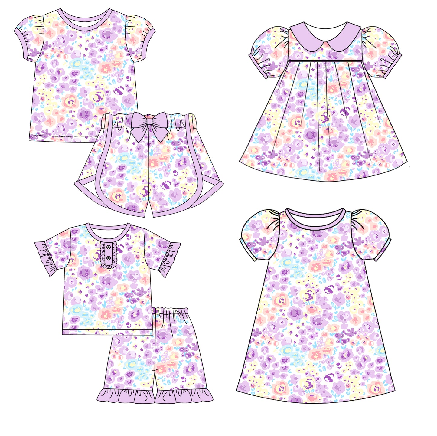 12.31 custom each style moq 5eta 4-6week Sibling Sistes floral baby girl short sleeve shorts sets 1 and sets 2 and dress 1 and dress 2 match family design