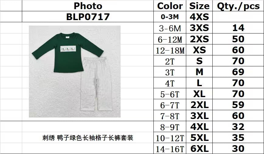 rts no moq BLP0717 Embroidered duck green long sleeve plaid trousers set