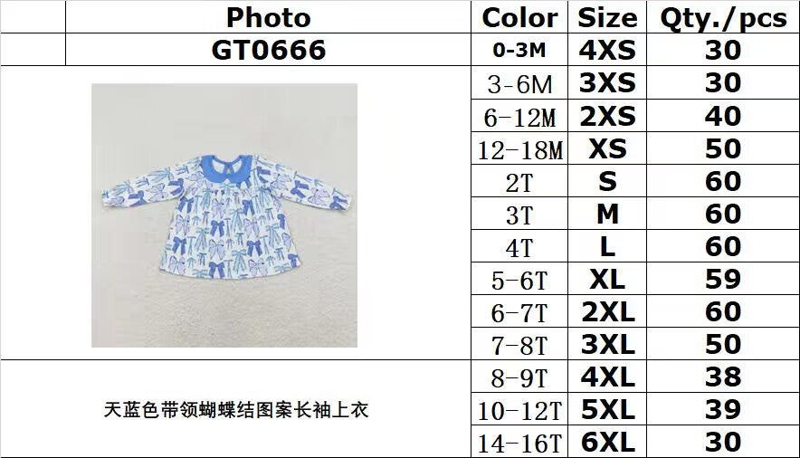 rts no moq GT0666 Sky blue collar bow pattern long sleeve top
