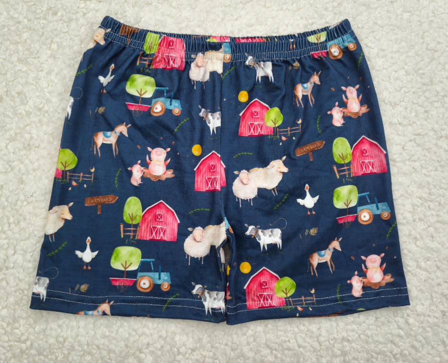 RTS SALES NO MOQ 红色小房子小树羊奶牛鸭子藏青色短裤Red little house, little tree, sheep, cow, duck, navy blue shorts