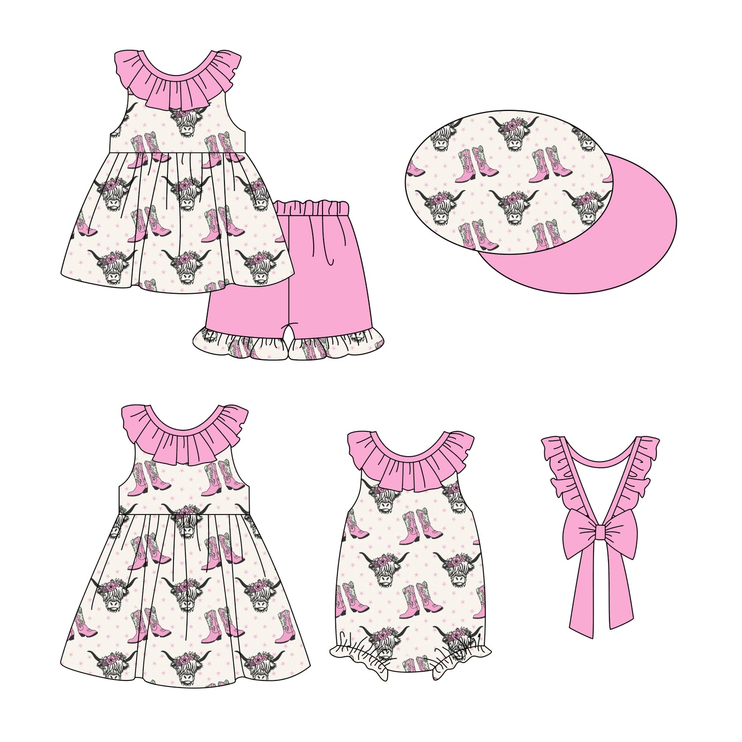 12.28 custom each style moq 5eta 4-6week Sibling Sister cow head boots baby girl short sleeve shorts sets and dress and rompers match family design