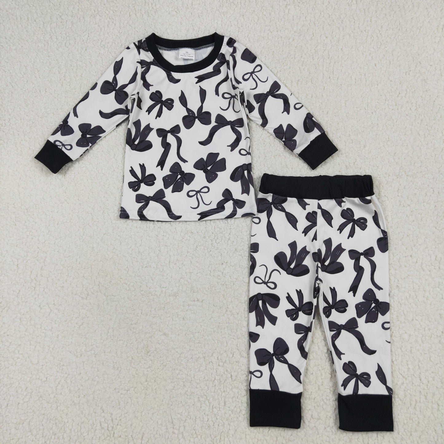 RTS NO MOQ(In Stock) Beige long-sleeved trousers pajama set with black bow pattern