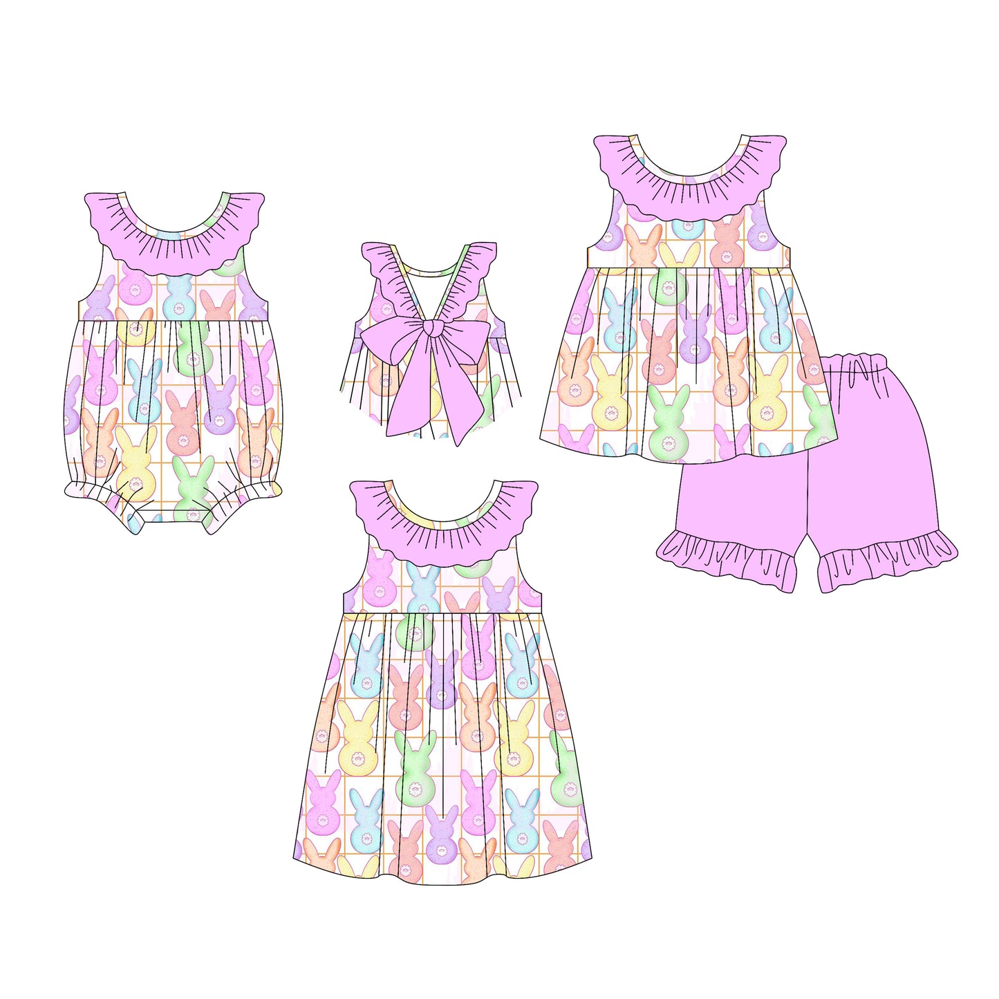 26.1.2 custom each style moq 5 eta 6-8week Sibling Sister easter baby short sleeve shorts sets and romper and dress match design