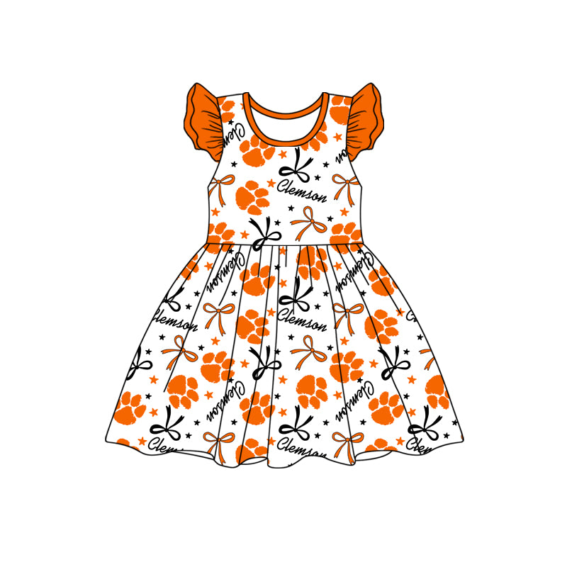 custom moq 3 eta 6-7weeks baby girls clothes bow orange flying Sleeves Dress