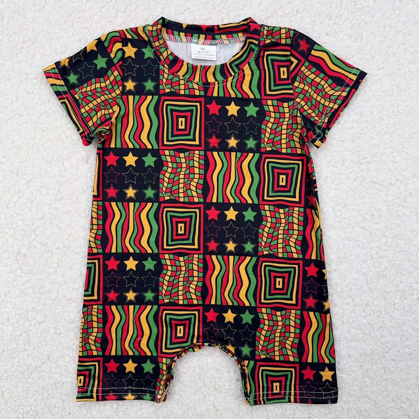 RTS SALES NO MOQ红黄绿黑色格子星星波浪线条连体衣Red, yellow, green and black plaid star wave line jumpsuit