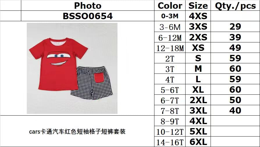 BSSO0654 cars cartoon car red short sleeve plaid shorts suit