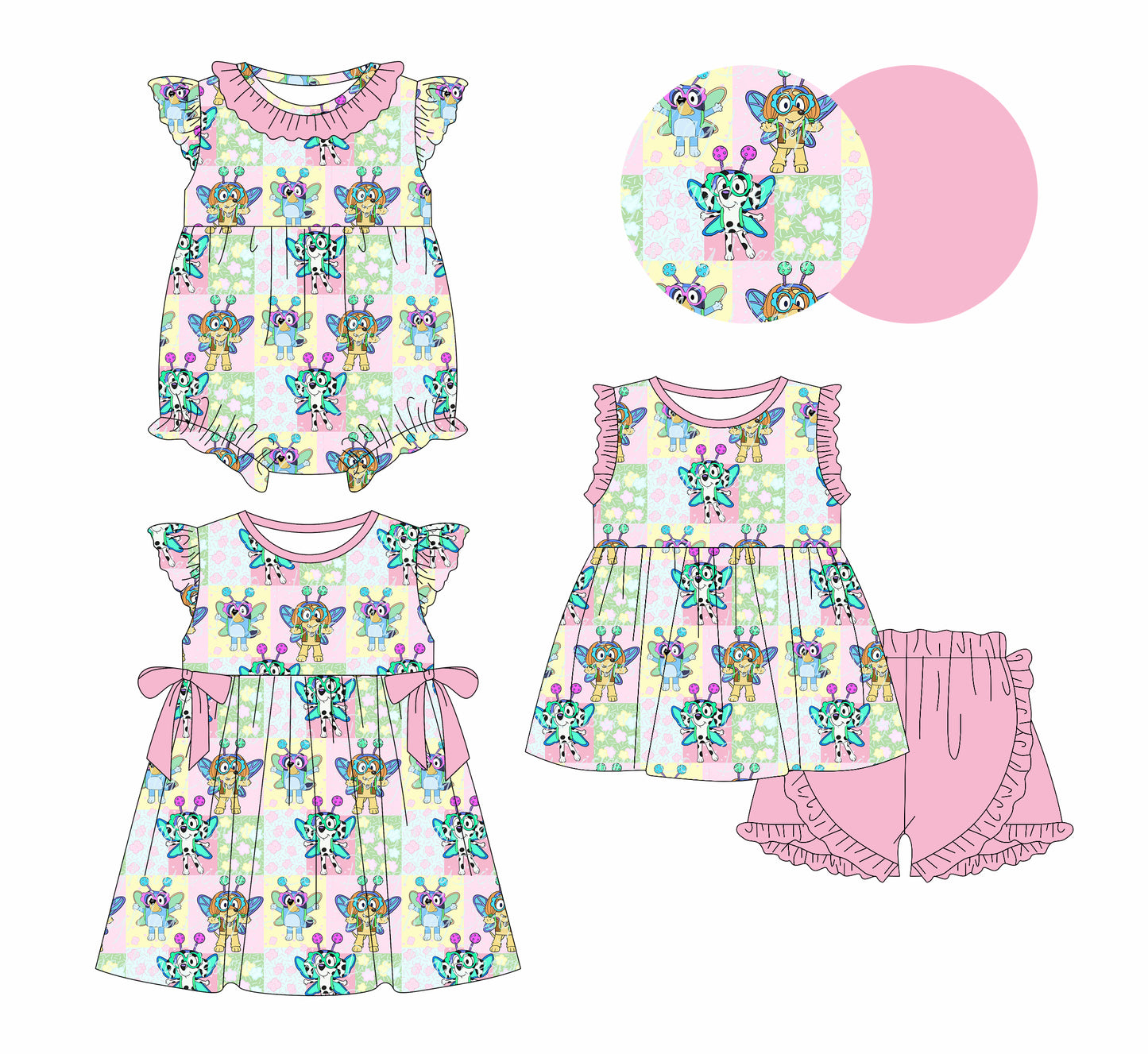 12.30 custom each style moq 5eta 4-6week Sibling Sister cartoon dog baby girl short sleeve shorts sets and dress and rompers match family design