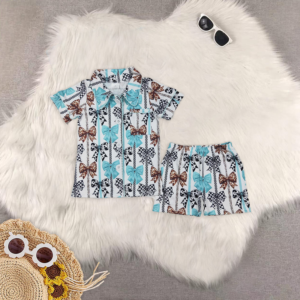 RTS NO MOQ Adult Girls bow Short Sleeve Shorts Pajama Set & kids shorts sets=