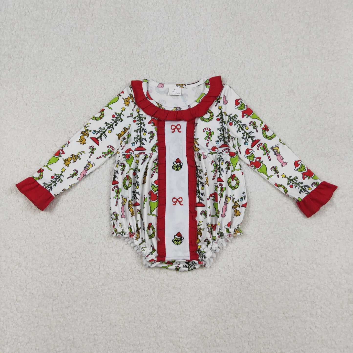 RTS NO MOQ(In Stock) LR2635 White long-sleeved bodysuit with embroidered cartoon bow pattern and wreath red lace