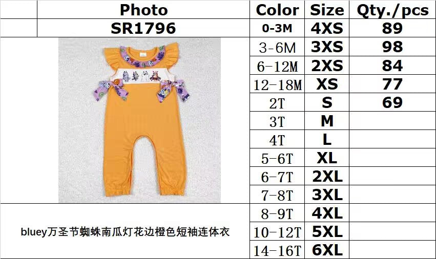 RTS no moq SR1796 bluey Halloween spider pumpkin lantern lace orange short sleeve onesie