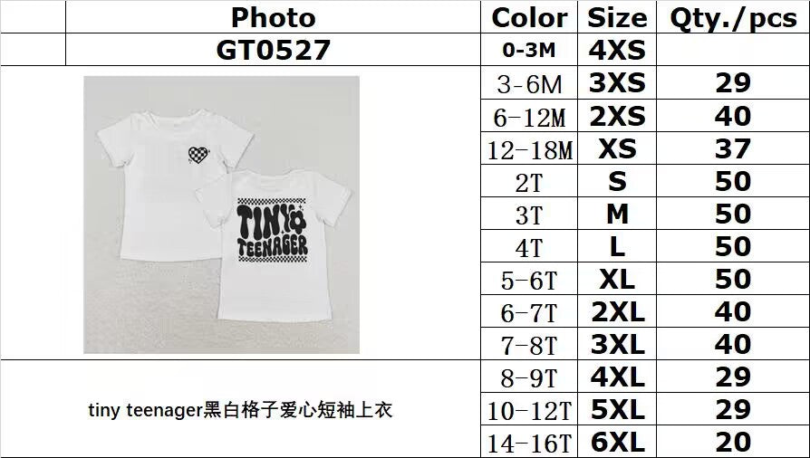RTS NO MOQ(In Stock) GT0527 tiny teenager black and white plaid love short-sleeved top