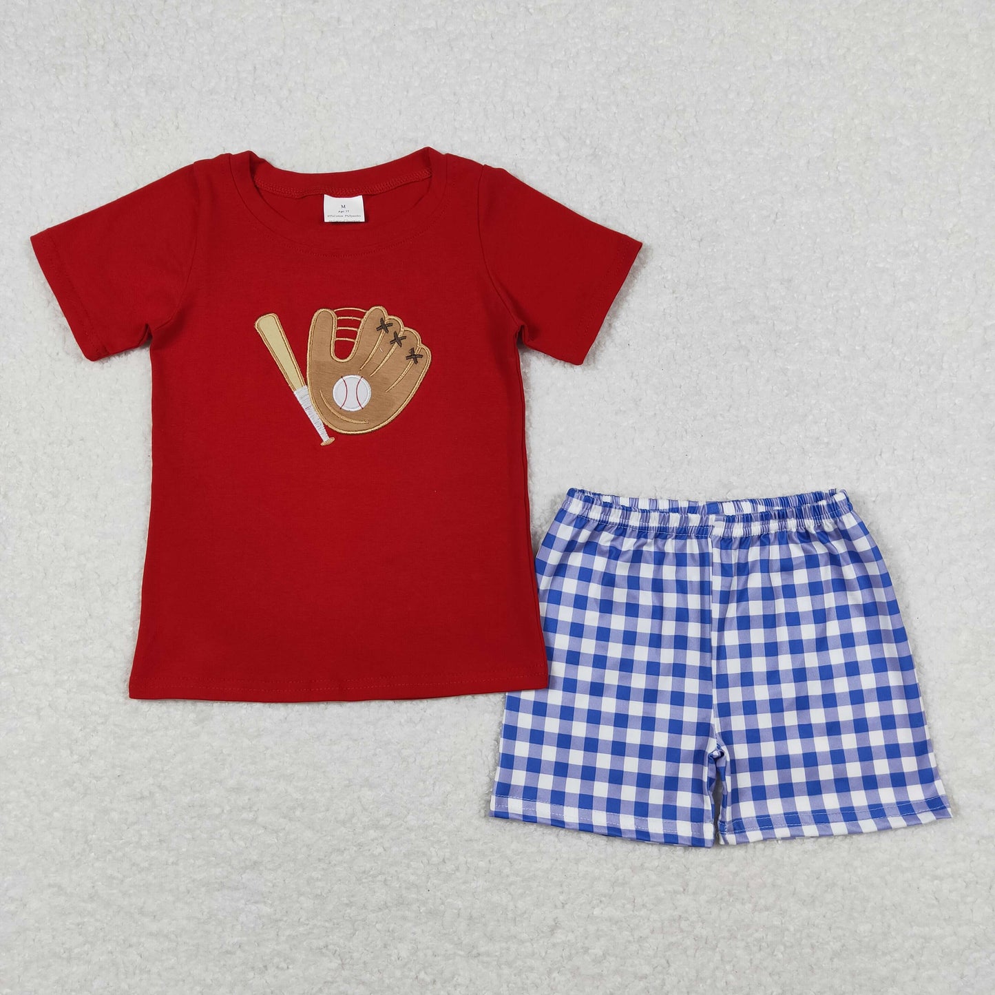 RTS NO MOQ(In Stock) Embroidered baseball gloves, red short sleeves, blue and white plaid shorts suit