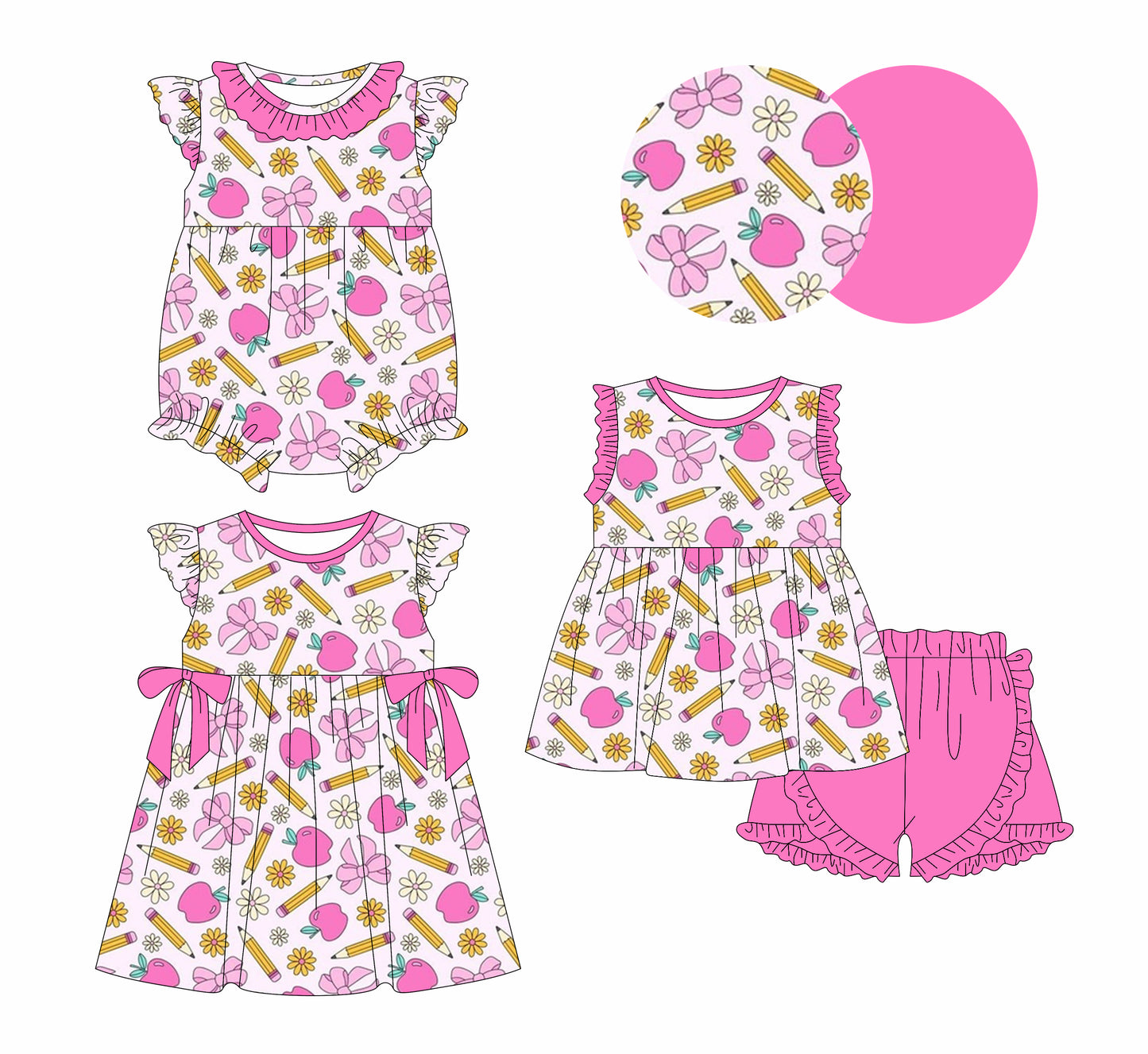 12.31 custom each style moq 5eta 4-6week Sibling Sistes pencil bow floral baby girl short sleeve shorts sets and dress and rompers match family design