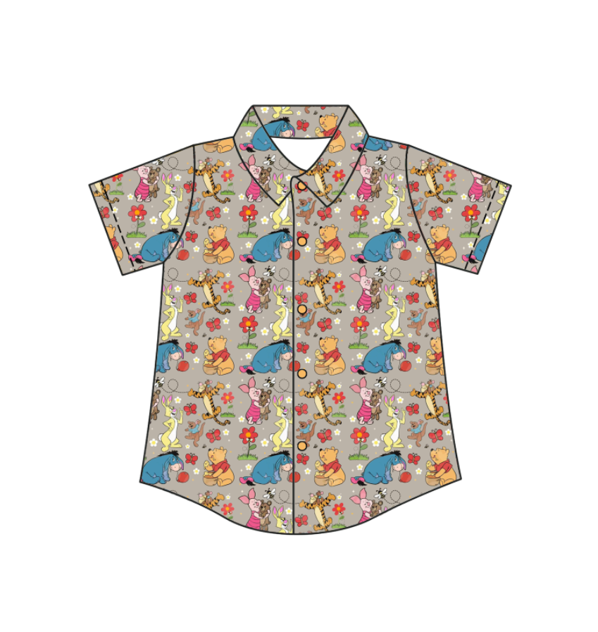 Custom moq 5 mix size milk silk baby boys clothes summer cartoon button short sleeve top