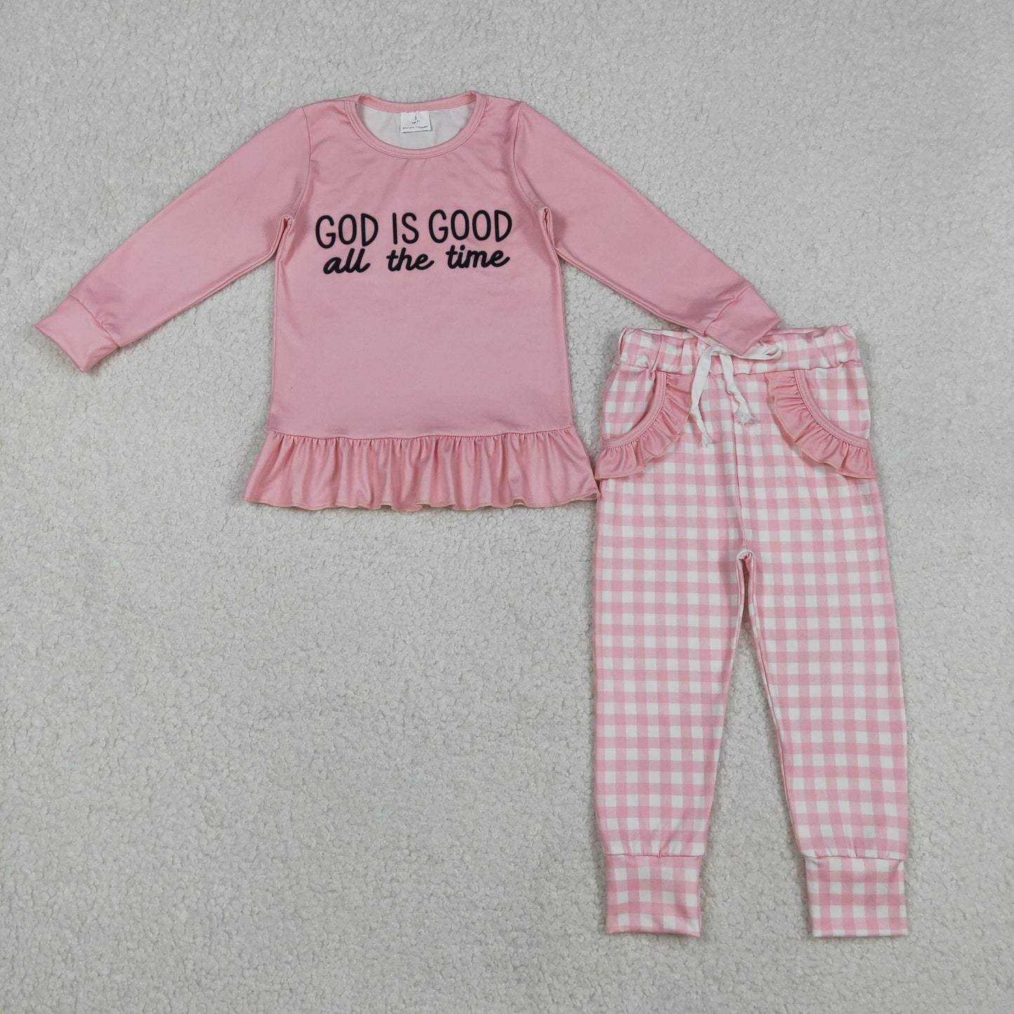 RTS NO MOQ(In Stock) God is good all the time pink long-sleeved plaid pants set