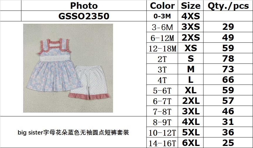 RTS NO MOQ GSSO2350 Big sister blue sleeveless polka dot shorts set with letters and flowers