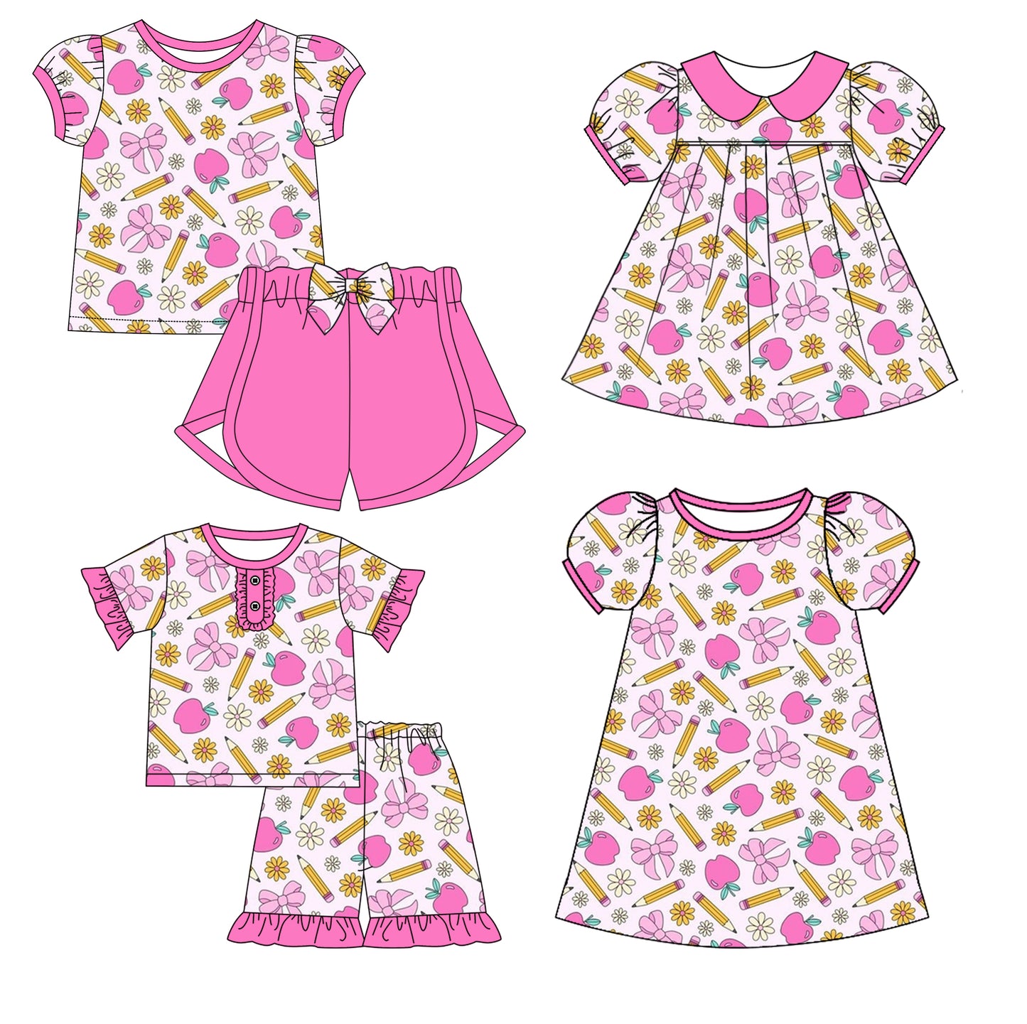 12.31 custom each style moq 5eta 4-6week Sibling Sistes pencil bow floral baby girl short sleeve shorts sets 1 and sets 2 and dress 1 and dress 2 match family design