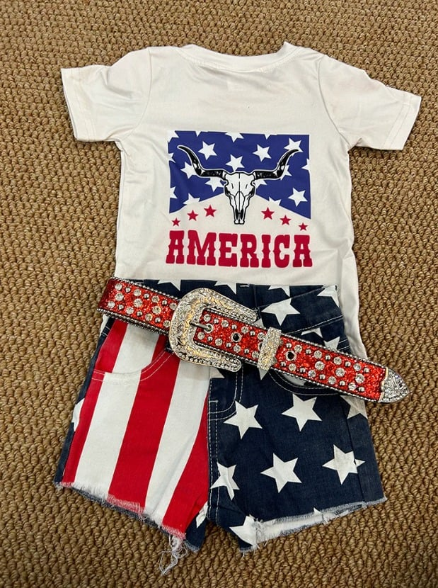 RTS NO MOQ ETA 5/7days Arrived GT0465+SS0168 america star alpine cow head beige short-sleeved top red and white striped star blue stitching denim shorts