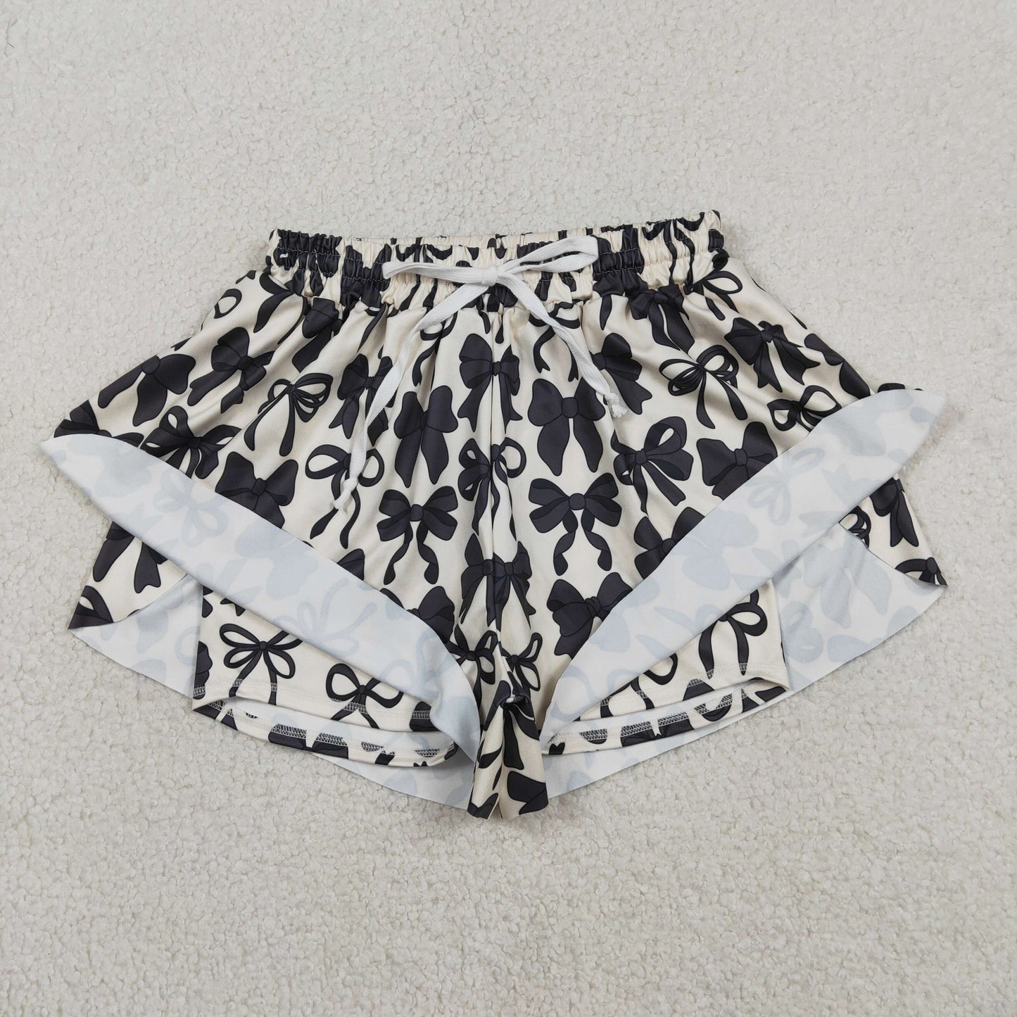 RTS NO MOQ(In Stock) Adult Women's Black Beige Yoga Shorts with Bow Pattern