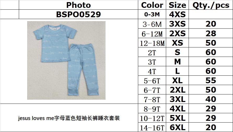 RTS NO MOQ ETA 5/7days Arrived BSPO0529 jesus loves me letter blue short-sleeved long pants pajama set